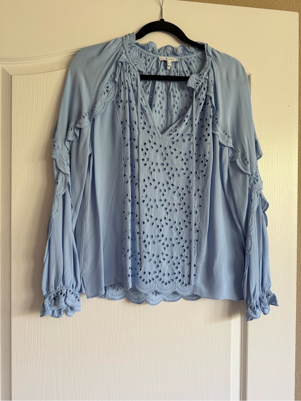 Reiss Light Blue Eyelet V-Neck Blouse